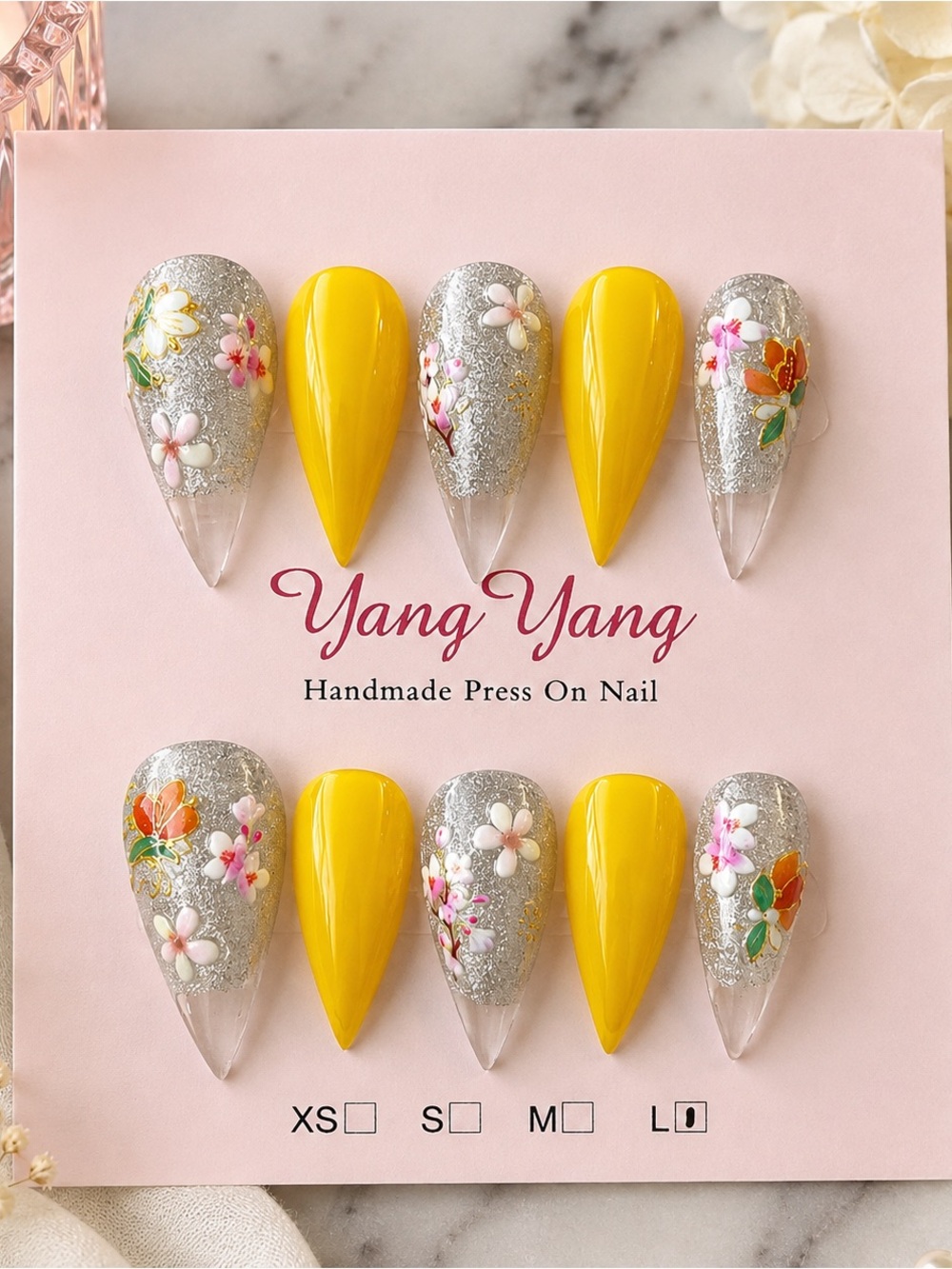🌼 Yellow & Silver Floral Dragon Claw Press-On Nails